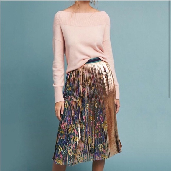 {Maeve by Anthropologie} Metallic Pleated Midi Skirt | Floral Printed Panel ~ 2 - Picture 1 of 16